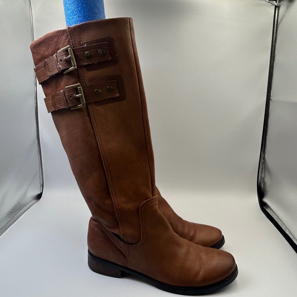 Nine West Riding Boots Women 8.5 Brown Leather Buckle Moto Equestrian Classic